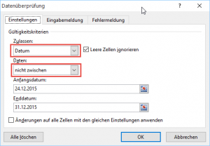 Zum Vergrößern bitte auf das Bild klicken Datumsangaben definieren