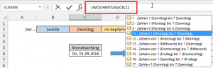 Typ 11 der Funktion WOCHENTAG