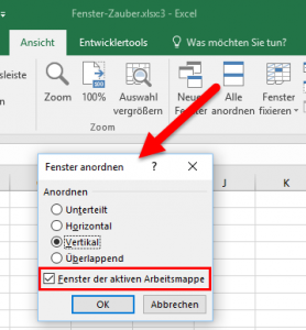 Zum Vergrößern bitte auf das Bild klicken Option "Fenster der aktiven Arbeitsmappe"