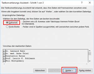 Zum Vergrößern bitte auf das Bild klicken Schritt 1 im Textkonvertierungs-Assistenten