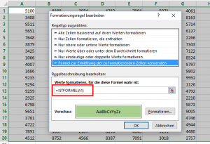Zum Vergrößern bitte auf das Bild klicken Formatierungsregel mit ISTFORMEL