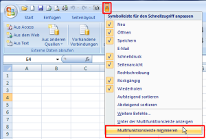 Zum Vergrößern bitte auf das Bild klicken Excel 2007: Multifunktionsleiste minimieren