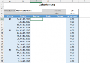 Zum Vergrößern bitte auf das Bild klicken Beispiel: Zeiterfassungstabelle