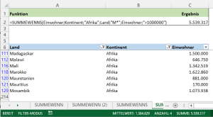 Zum Vergrößern bitte auf das Bild klicken SUMMEWENNS mit drei Kriterien