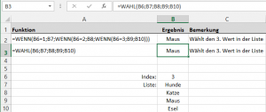 Zum Vergrößern bitte auf das Bild klicken Die WAHL-Funktion mit Zellbezügen